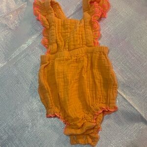 Old Navy Bright Orange and Pink Girls Summer Ruffle Bodysuit Pink Flowers